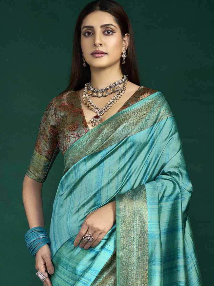 Sky Blue Silk Handwoven Bridal Reception Festival Wedding Fancy Heavy Border Saree