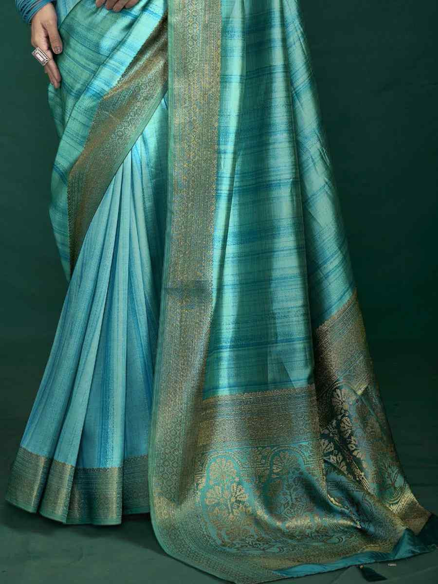 Sky Blue Silk Handwoven Bridal Reception Festival Wedding Fancy Heavy Border Saree