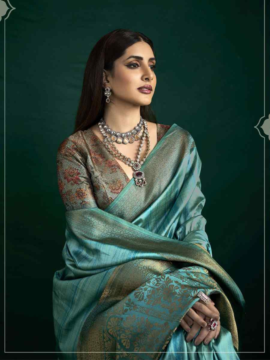 Sky Blue Silk Handwoven Bridal Reception Festival Wedding Fancy Heavy Border Saree