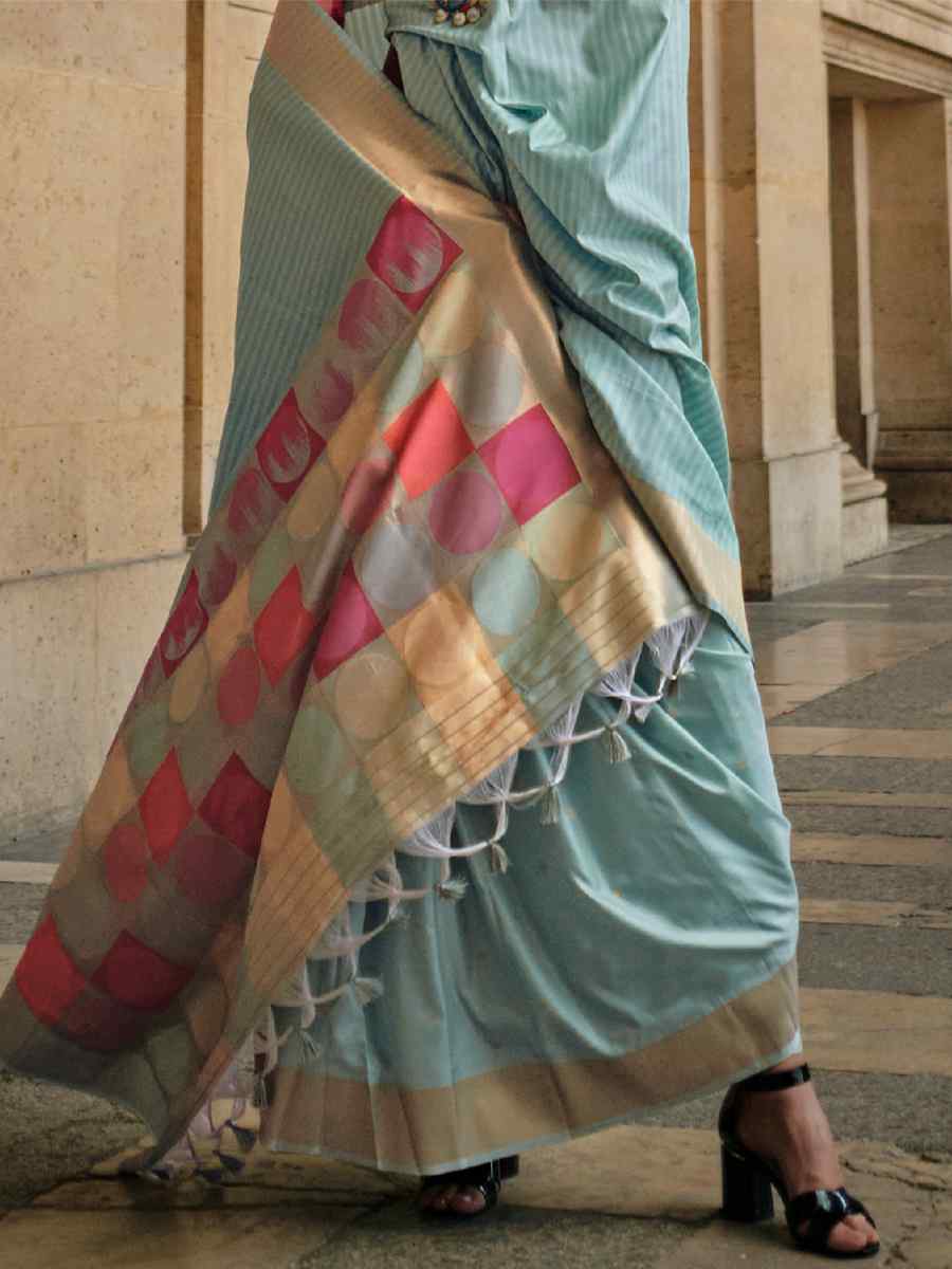Sky Blue Silk Handwoven Casual Festival Classic Style Saree