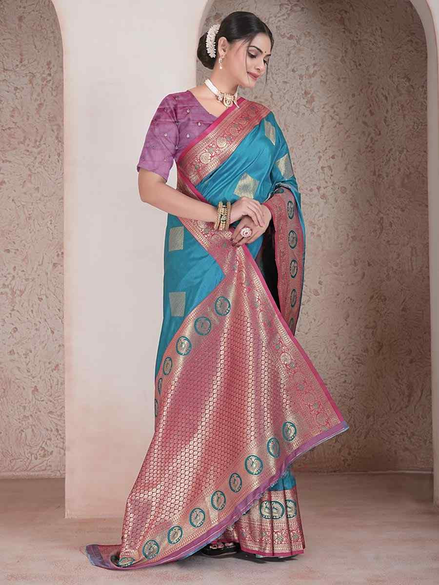 Sky Blue Silk Handwoven Festival Wedding Fancy Heavy Border Saree