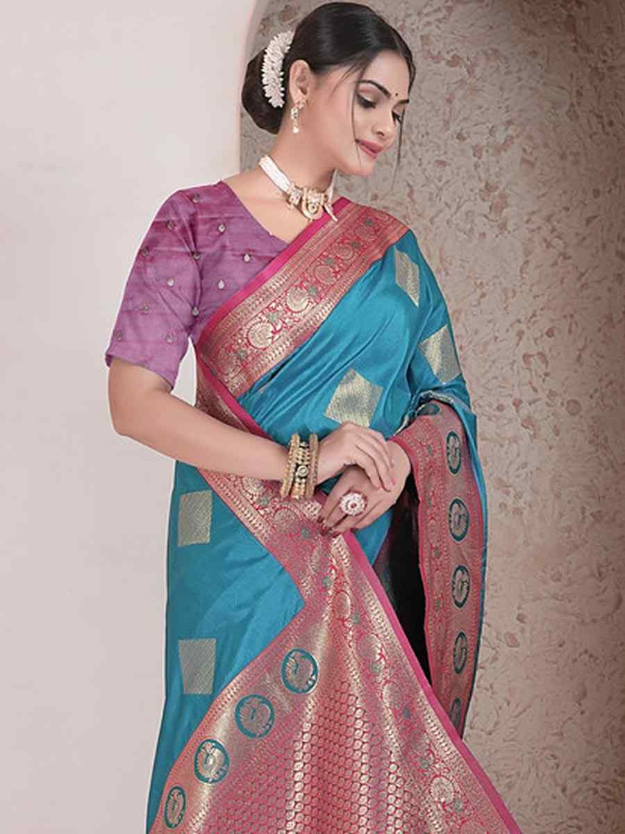 Sky Blue Silk Handwoven Festival Wedding Fancy Heavy Border Saree