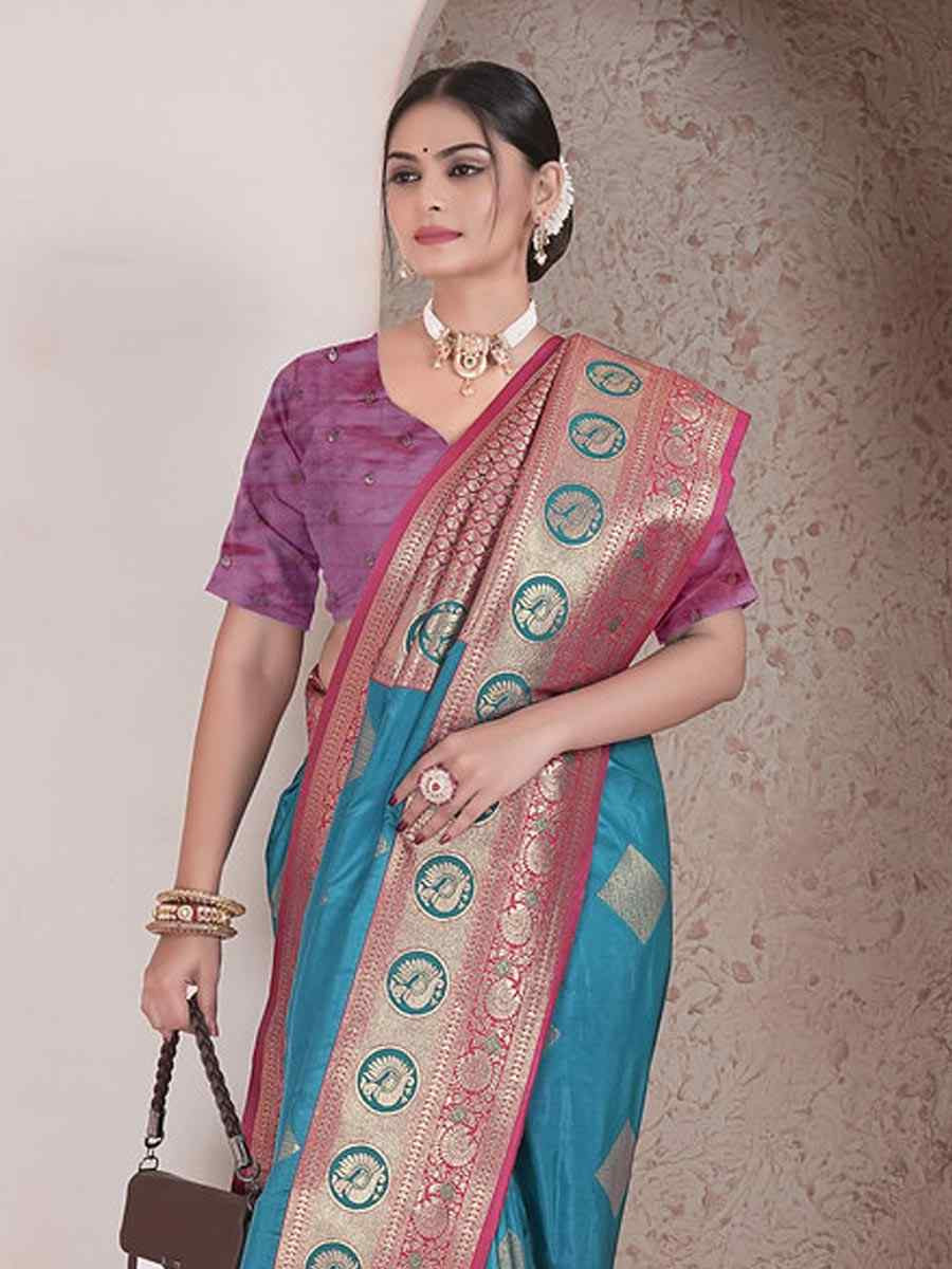 Sky Blue Silk Handwoven Festival Wedding Fancy Heavy Border Saree