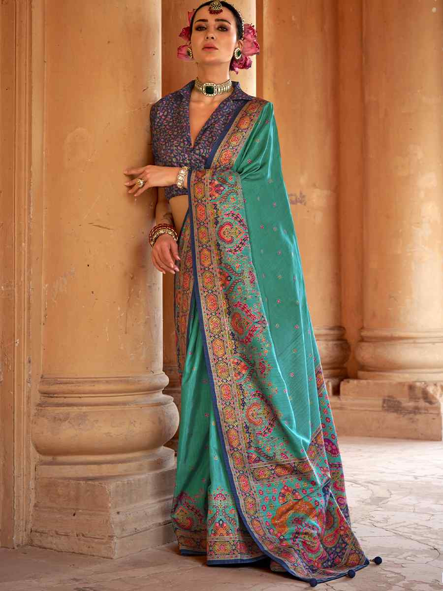 Sky Blue Silk Handwoven Festival Wedding Fancy Heavy Border Saree