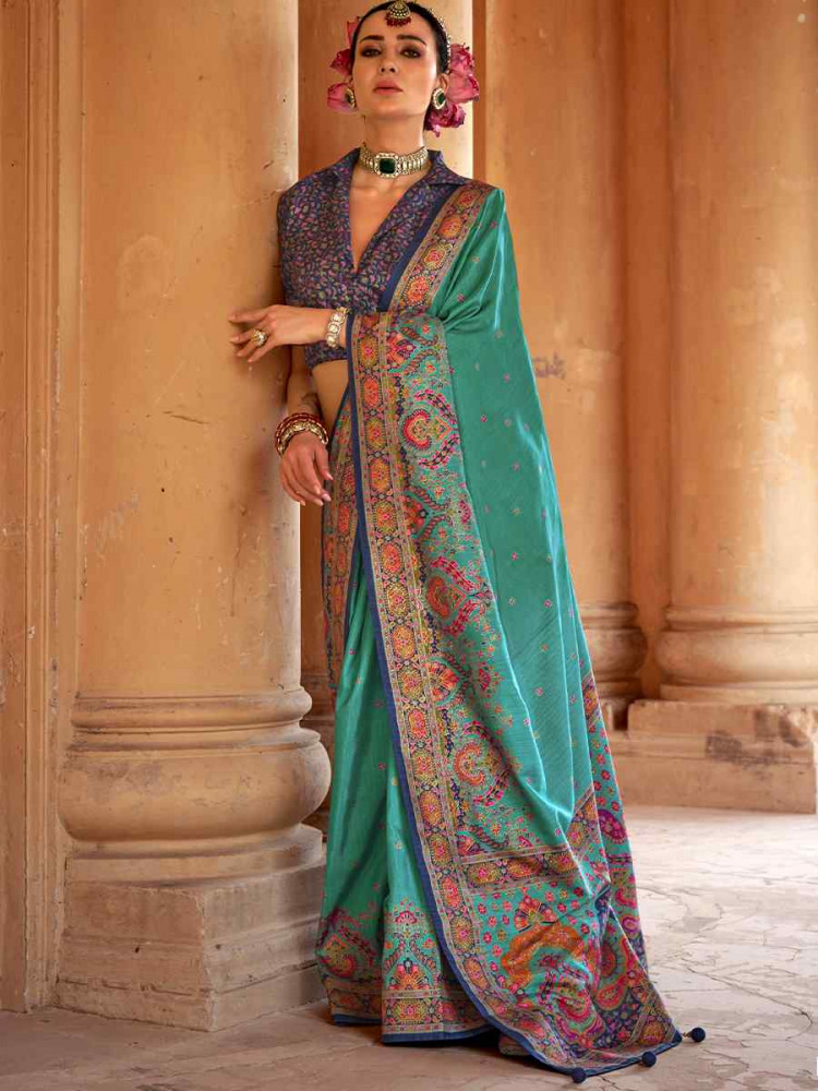 Sky Blue Silk Handwoven Festival Wedding Fancy Heavy Border Saree