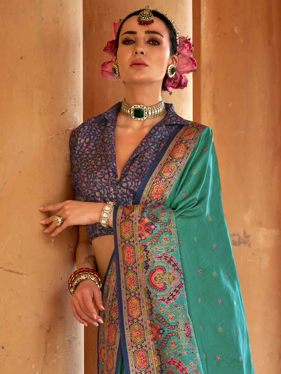 Sky Blue Silk Handwoven Festival Wedding Fancy Heavy Border Saree