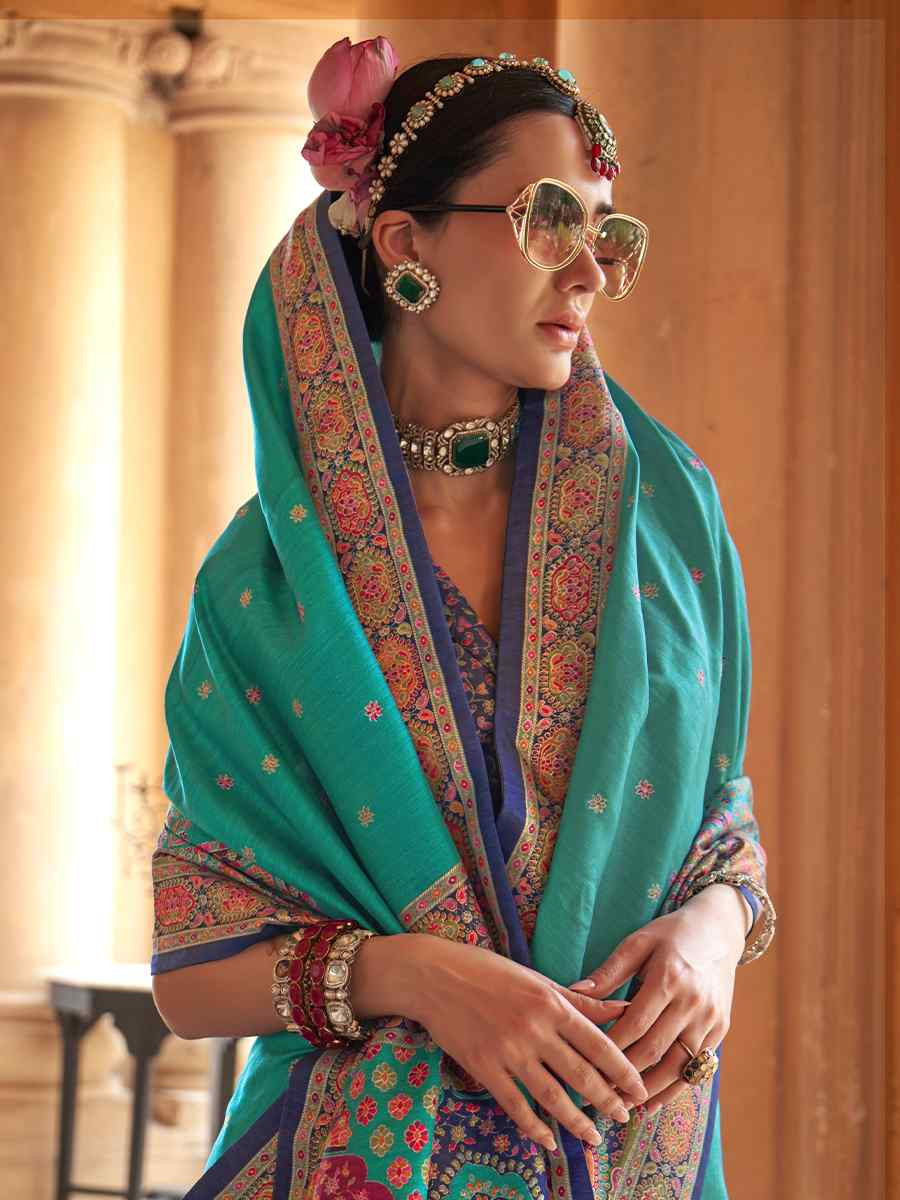 Sky Blue Silk Handwoven Festival Wedding Fancy Heavy Border Saree