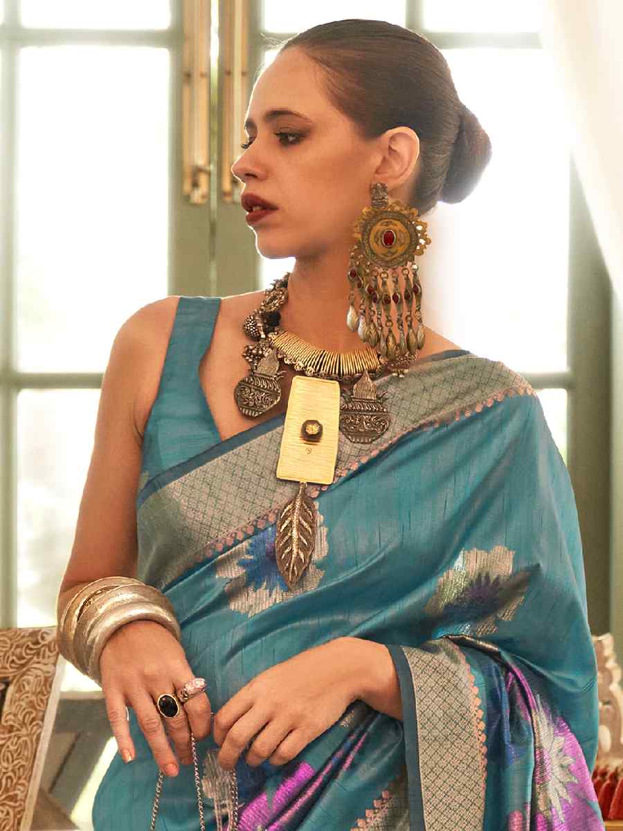 Sky Blue Silk Handwoven Party Festival Heavy Border Saree