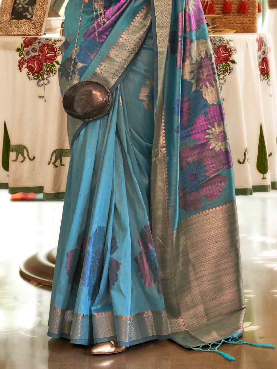Sky Blue Silk Handwoven Party Festival Heavy Border Saree