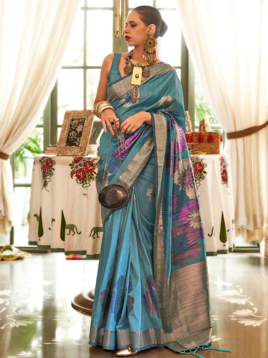 Sky Blue Silk Handwoven Party Festival Heavy Border Saree