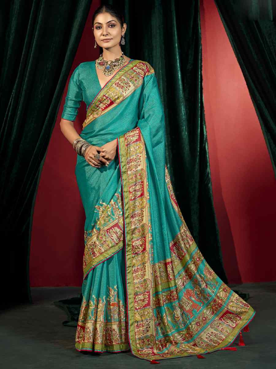 Sky Blue Silk Handwoven Traditional Bridal Reception Festival Wedding Fancy Heavy Border Saree