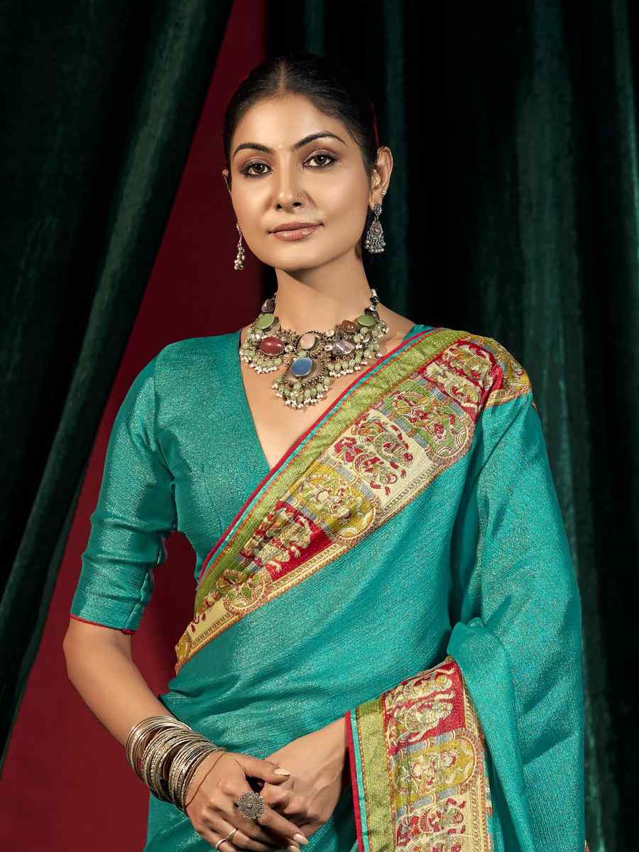 Sky Blue Silk Handwoven Traditional Bridal Reception Festival Wedding Fancy Heavy Border Saree