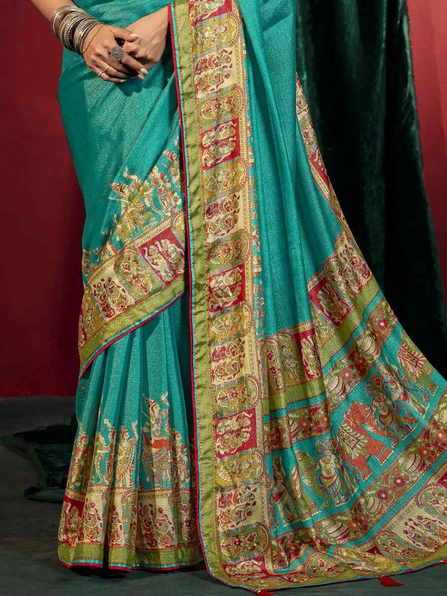 Sky Blue Silk Handwoven Traditional Bridal Reception Festival Wedding Fancy Heavy Border Saree