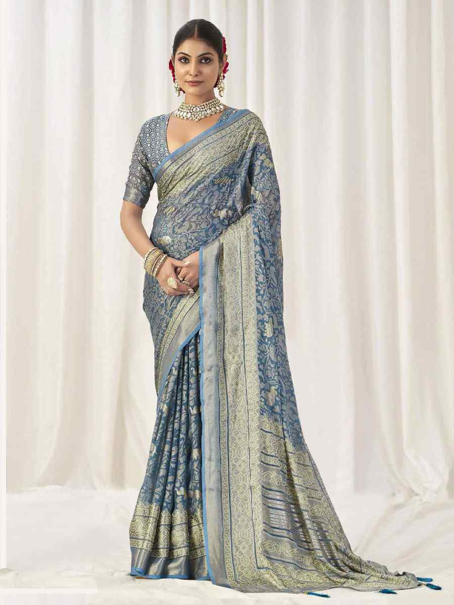 Sky Blue Silk Handwoven Traditional Bridal Reception Festival Wedding Fancy Heavy Border Sarees