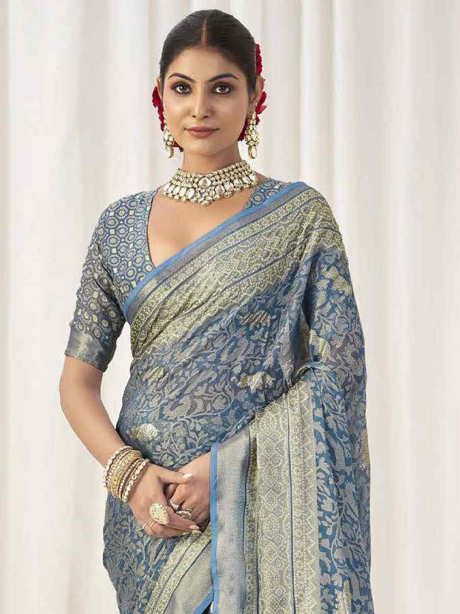 Sky Blue Silk Handwoven Traditional Bridal Reception Festival Wedding Fancy Heavy Border Sarees