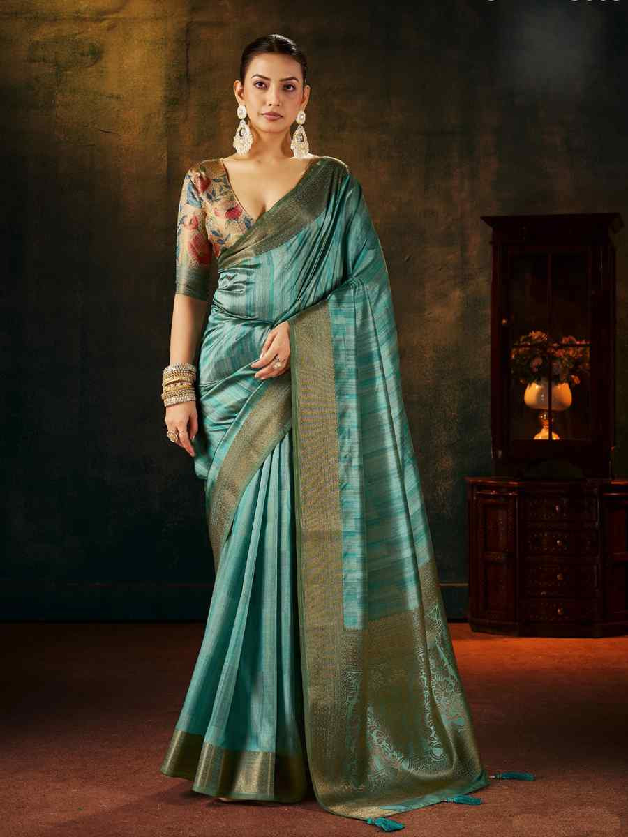 Sky Blue Silk Handwoven Traditional Bridal Reception Festival Wedding Fancy Heavy Border Sarees