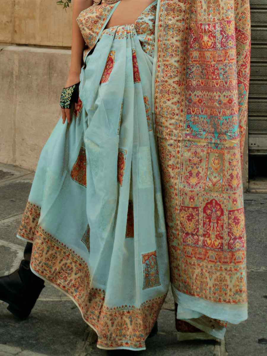 Sky Blue Silk Handwoven Wedding Festival Heavy Border Saree