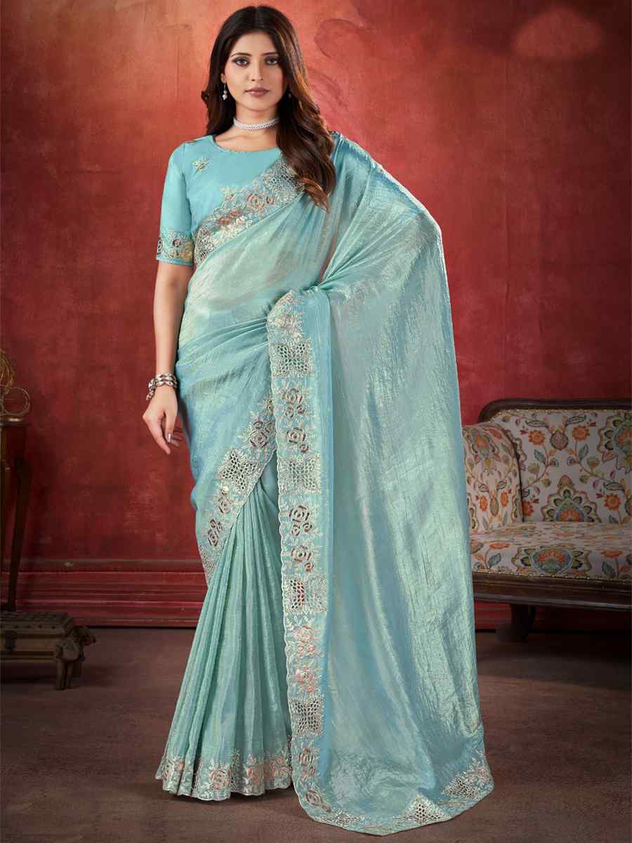 Sky Blue Silk Handwoven Wedding Festival Heavy Border Saree