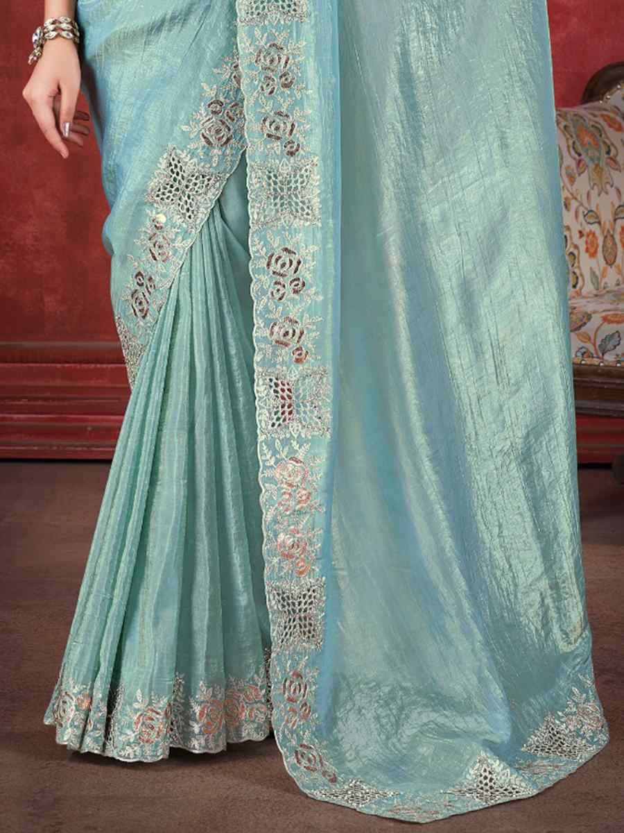 Sky Blue Silk Handwoven Wedding Festival Heavy Border Saree