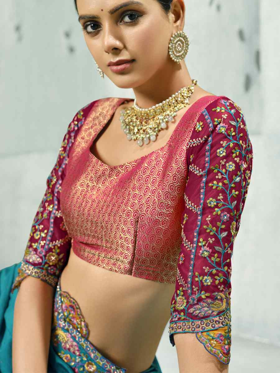 Sky Blue Silk Handwoven with Embroidery Bridal Reception Festival Wedding Fancy Heavy Border Saree