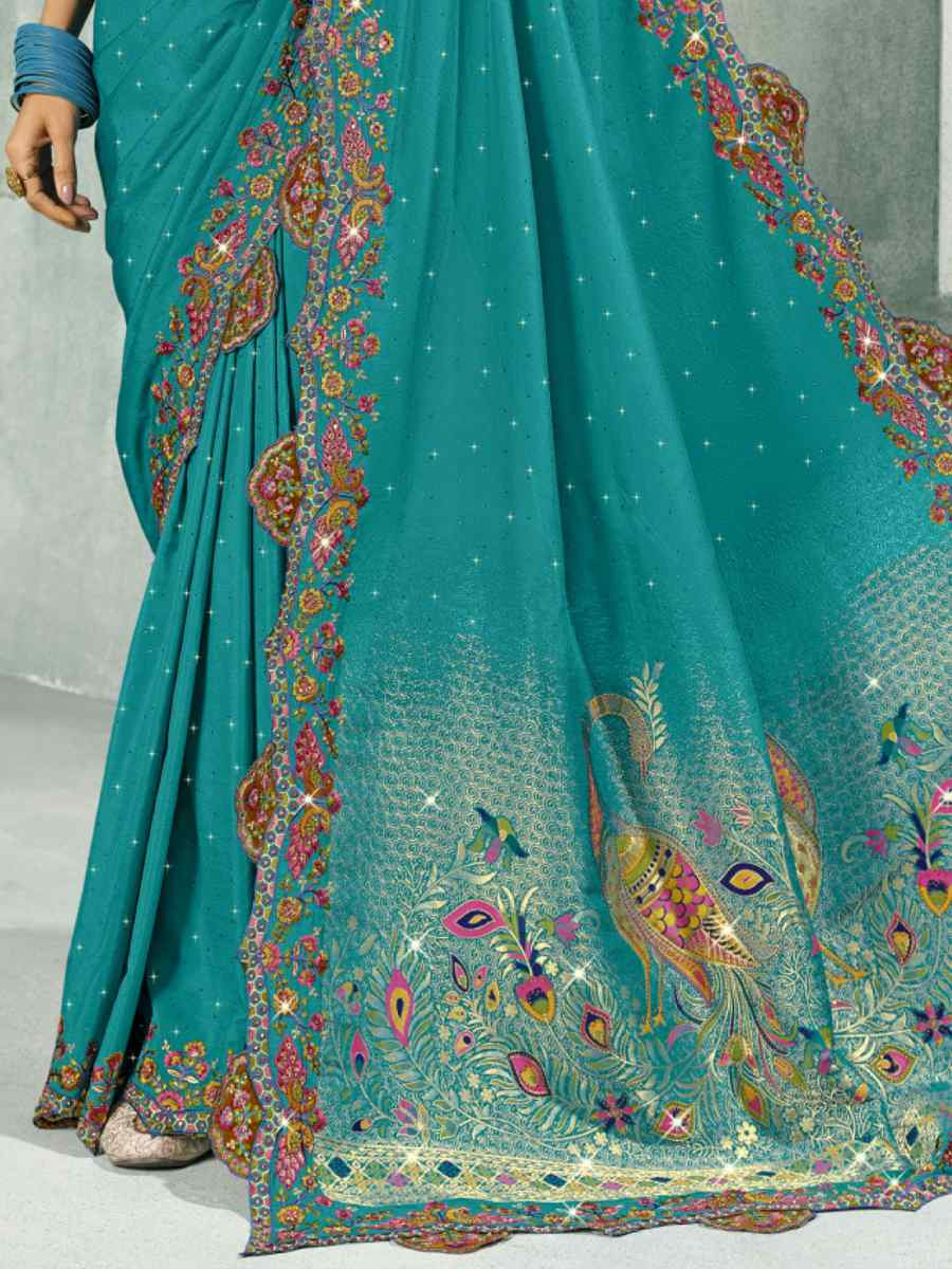Sky Blue Silk Handwoven with Embroidery Bridal Reception Festival Wedding Fancy Heavy Border Saree