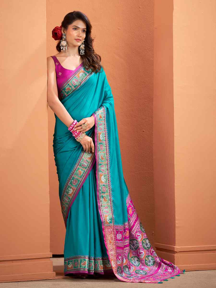 Sky Blue Silk Patola Handwoven Traditional Bridal Reception Festival Wedding Fancy Heavy Border Saree