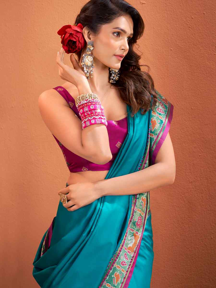 Sky Blue Silk Patola Handwoven Traditional Bridal Reception Festival Wedding Fancy Heavy Border Saree