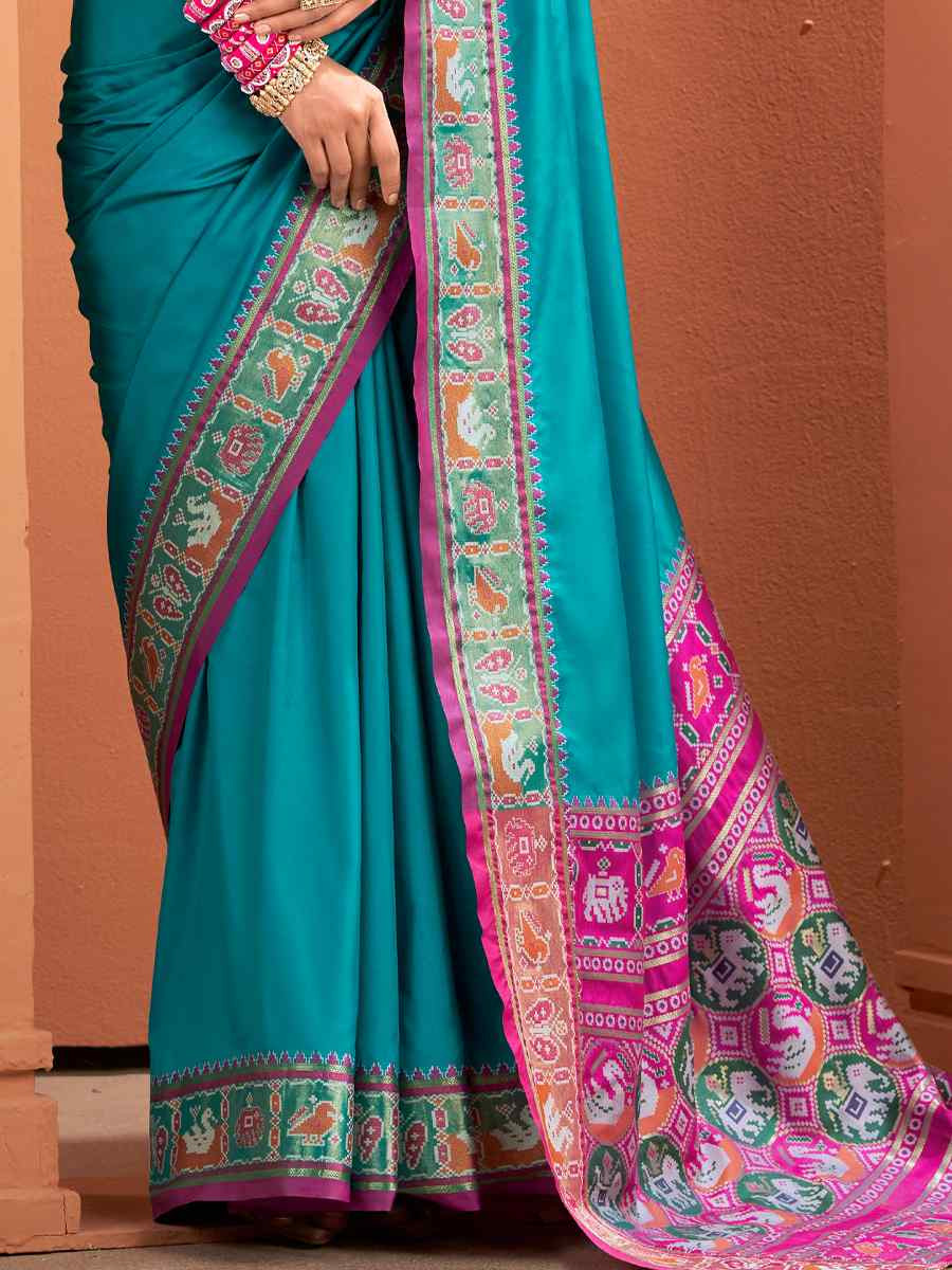 Sky Blue Silk Patola Handwoven Traditional Bridal Reception Festival Wedding Fancy Heavy Border Saree