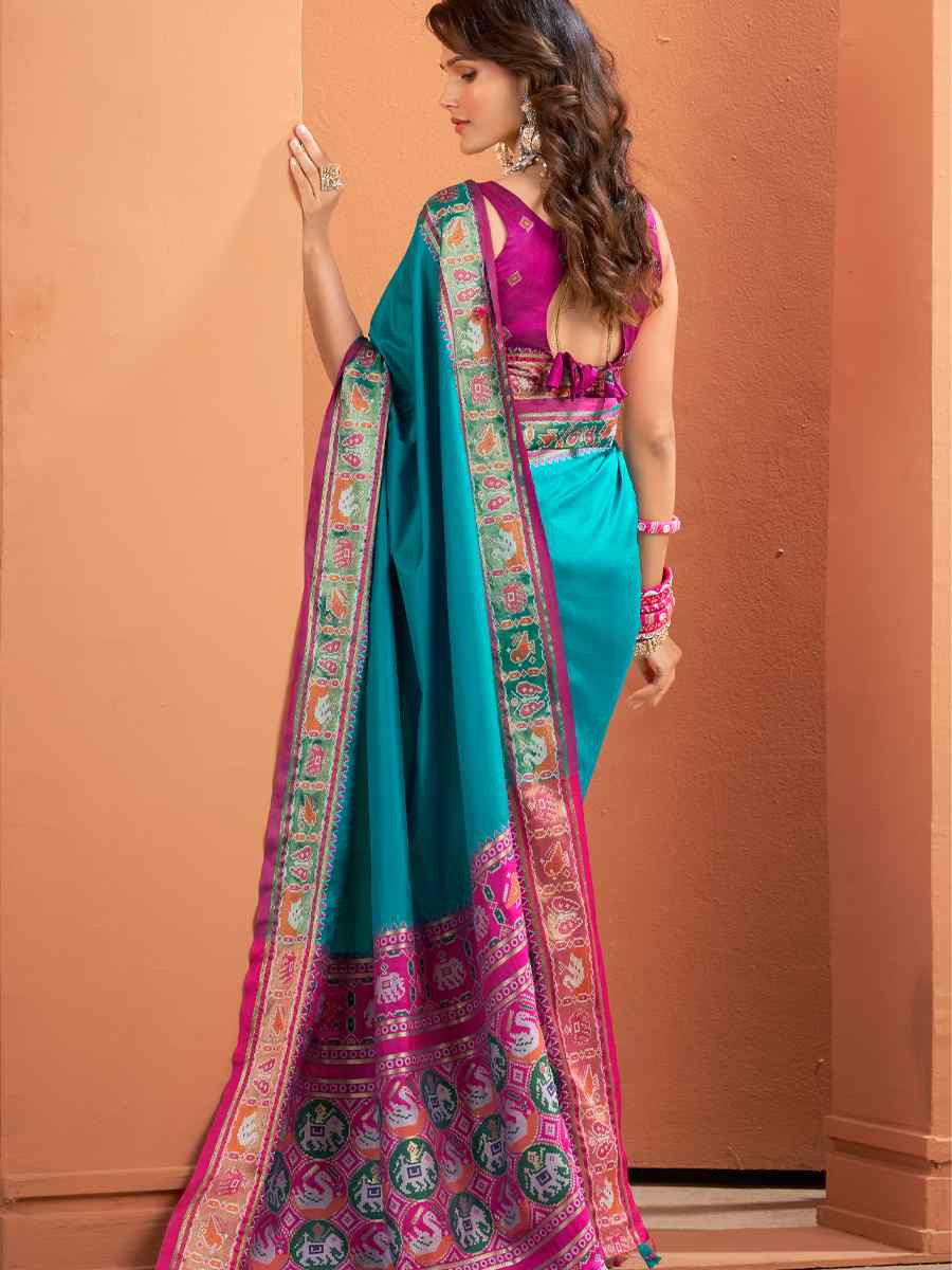 Sky Blue Silk Patola Handwoven Traditional Bridal Reception Festival Wedding Fancy Heavy Border Saree