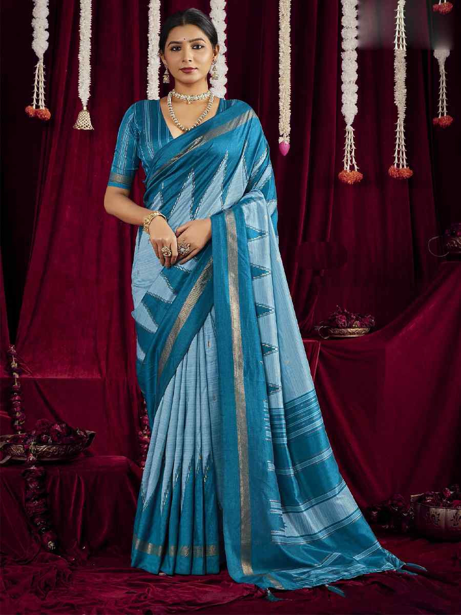Sky Blue Silk Printed Bridal Reception Festival Wedding Fancy Heavy Border Saree