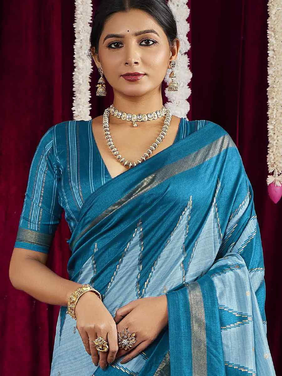 Sky Blue Silk Printed Bridal Reception Festival Wedding Fancy Heavy Border Saree