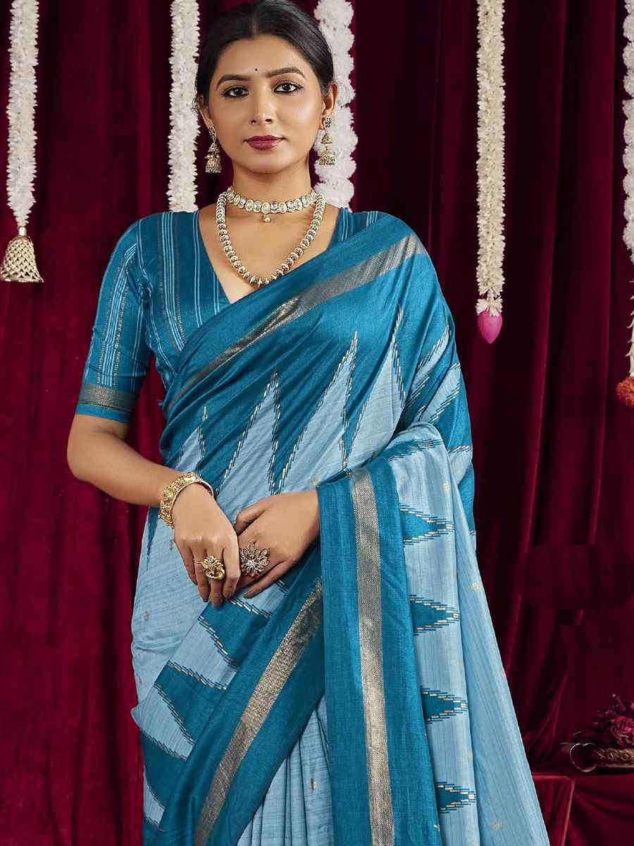 Sky Blue Silk Printed Bridal Reception Festival Wedding Fancy Heavy Border Saree