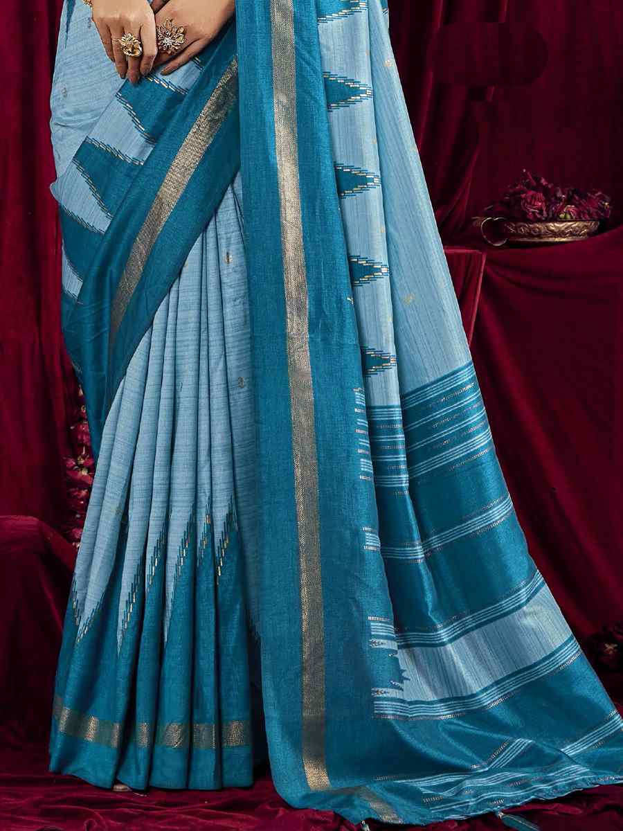 Sky Blue Silk Printed Bridal Reception Festival Wedding Fancy Heavy Border Saree