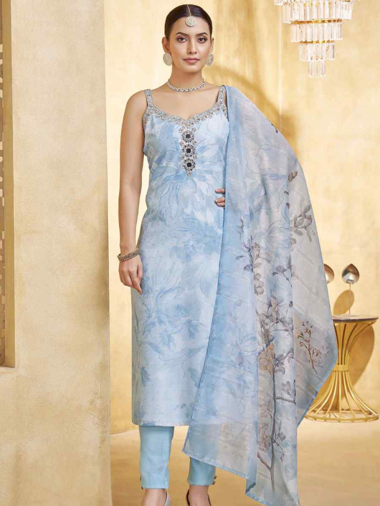 Image of Sky Blue Silk Printed Embroidery Party Wedding Festival Casual Ready Pant Salwar Kameez