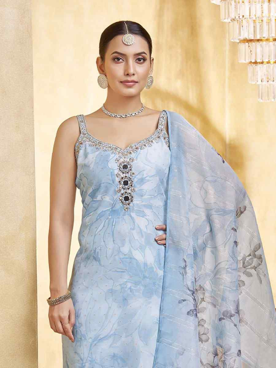 Sky Blue Silk Printed Embroidery Party Wedding Festival Casual Ready Pant Salwar Kameez
