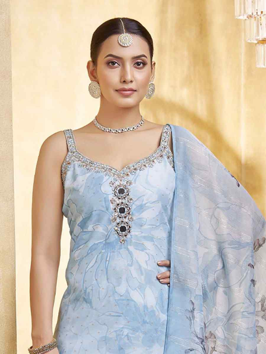 Sky Blue Silk Printed Embroidery Party Wedding Festival Casual Ready Pant Salwar Kameez