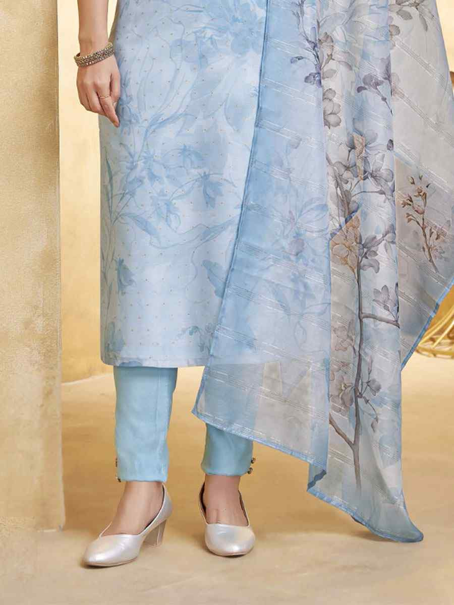 Sky Blue Silk Printed Embroidery Party Wedding Festival Casual Ready Pant Salwar Kameez