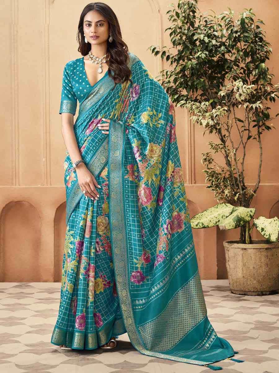 Sky Blue Silk Printed with Handwoven Festival Wedding Fancy Heavy Border Saree