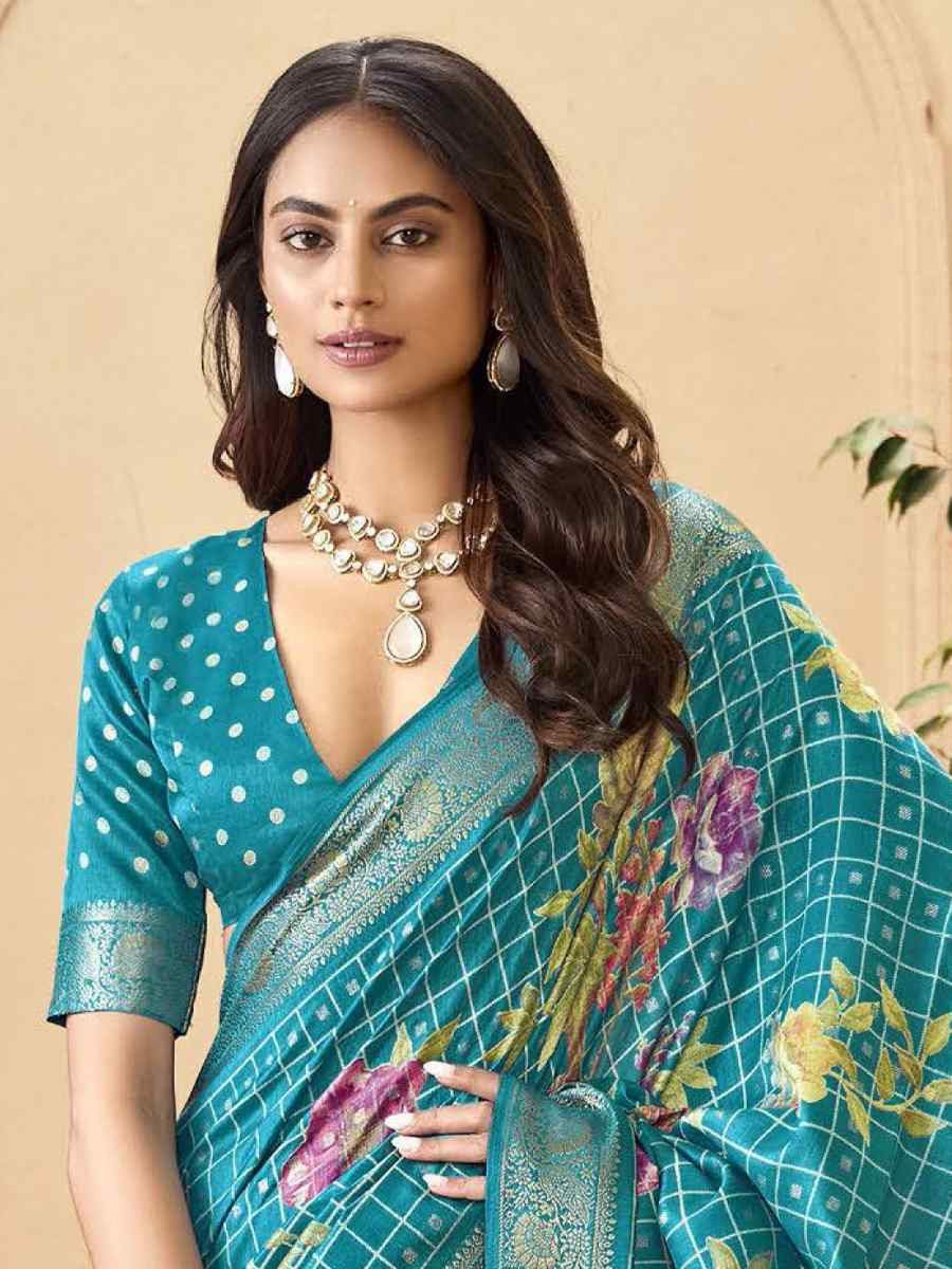 Sky Blue Silk Printed with Handwoven Festival Wedding Fancy Heavy Border Saree