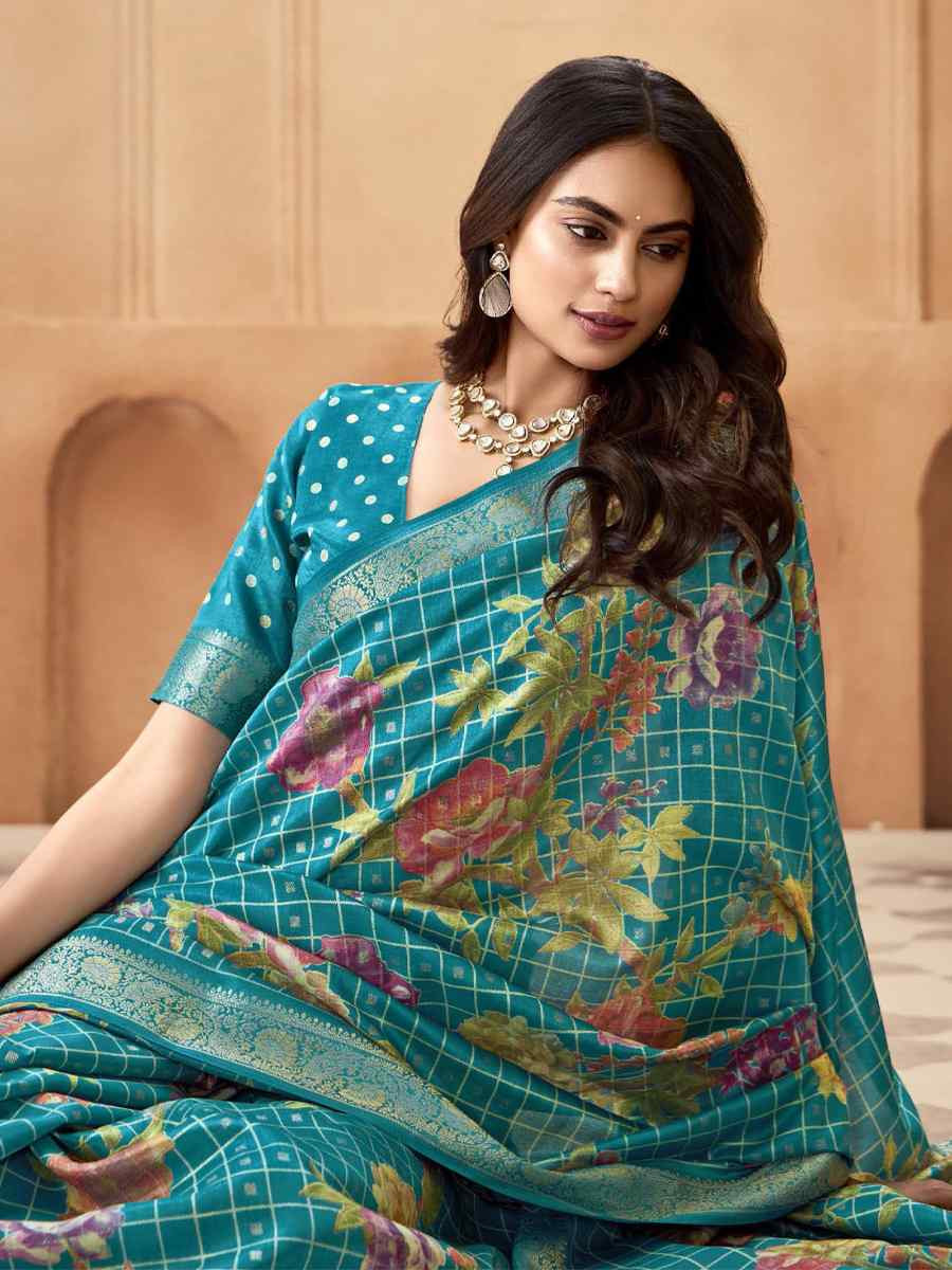 Sky Blue Silk Printed with Handwoven Festival Wedding Fancy Heavy Border Saree