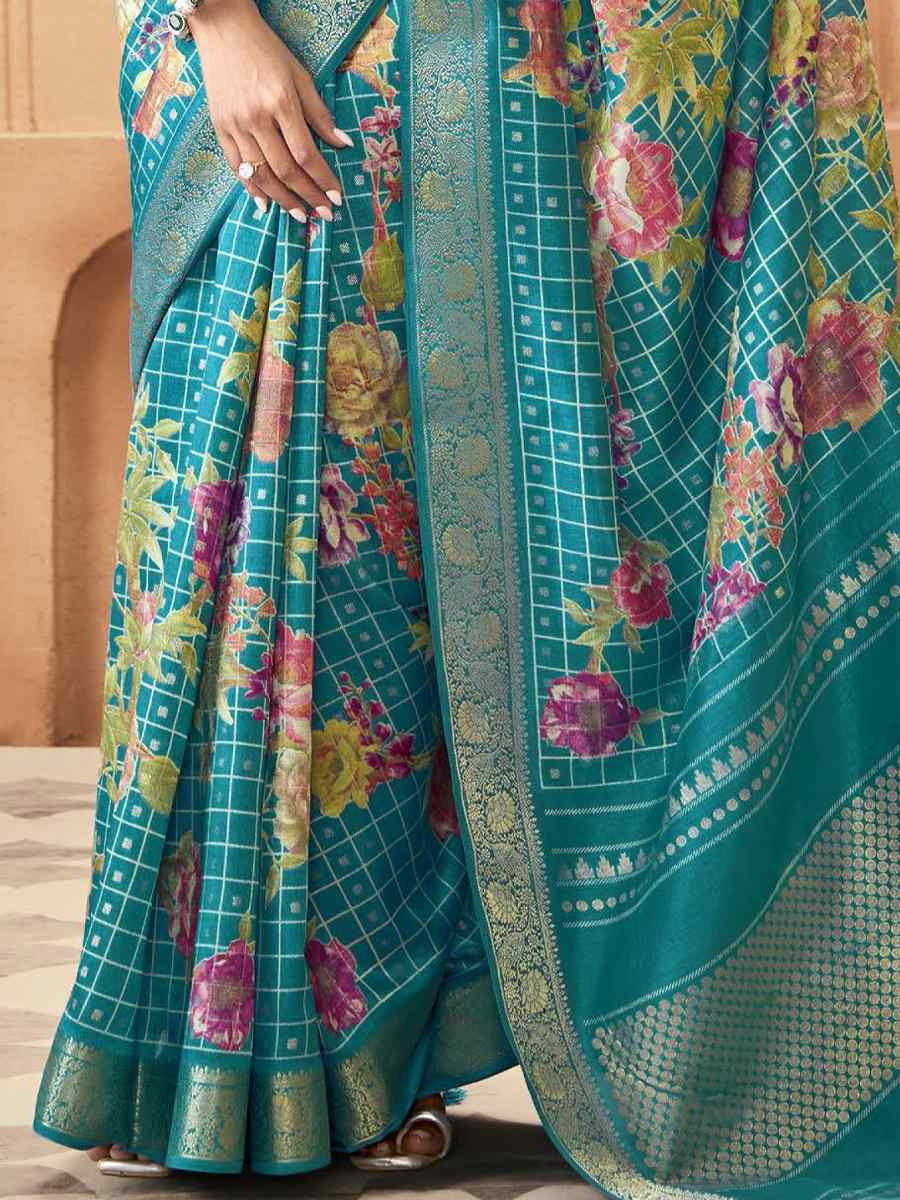 Sky Blue Silk Printed with Handwoven Festival Wedding Fancy Heavy Border Saree