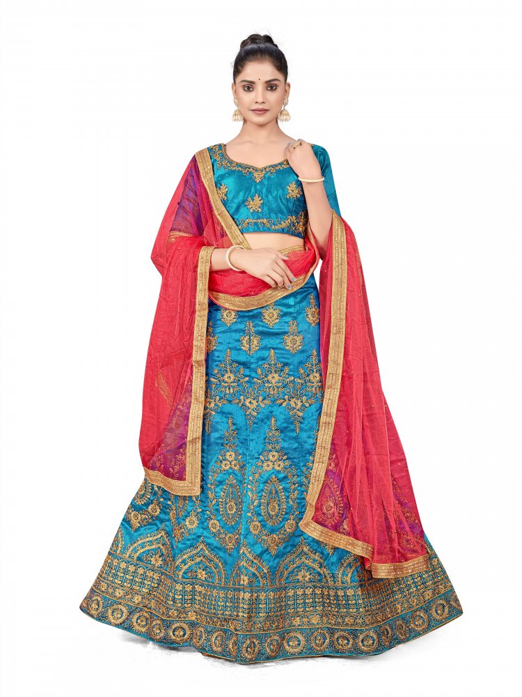 Sky Blue Silk Satin Net Embroidered Festival Wedding Heavy Border Lehenga Choli