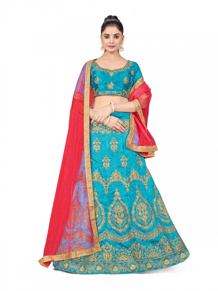 Sky Blue Silk Satin Net Embroidered Festival Wedding Heavy Border Lehenga Choli