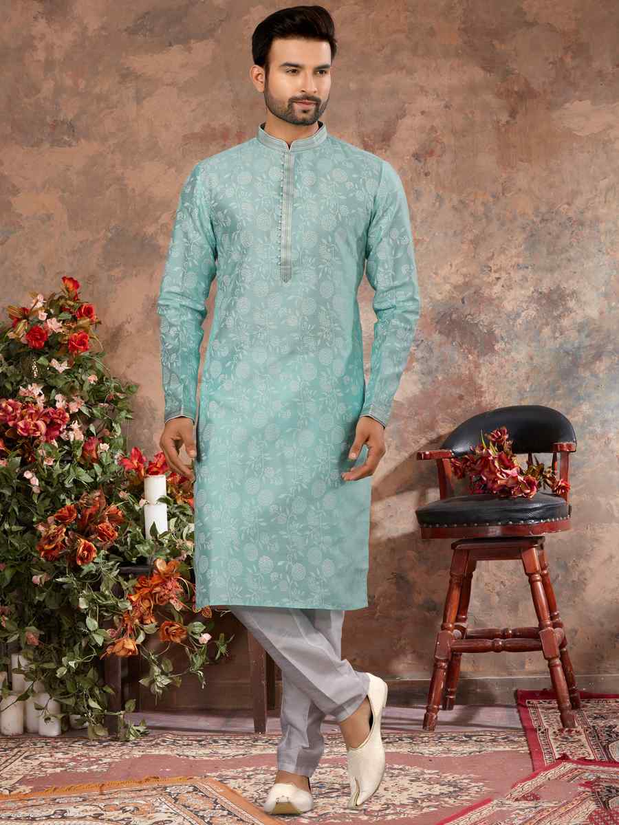 Sky Blue Silk Woven Festival Party Kurta