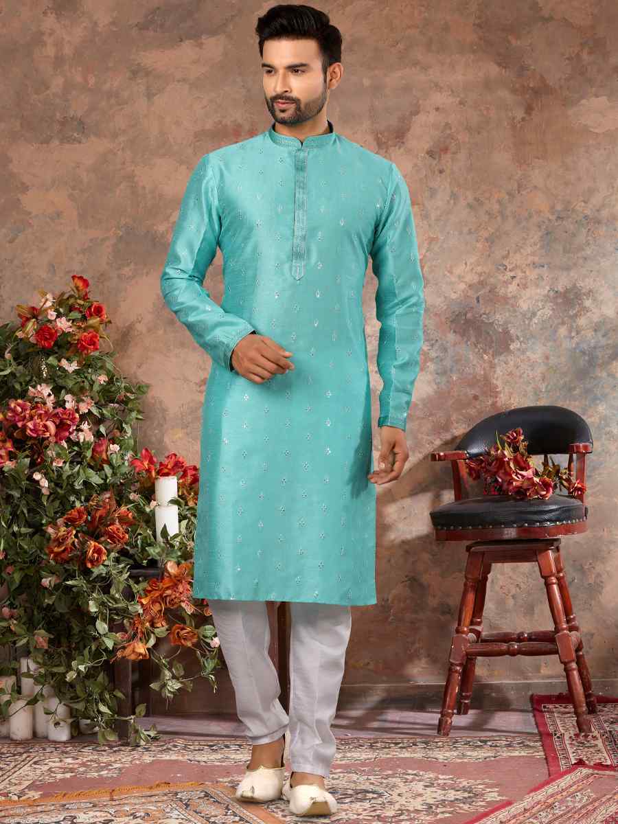 Sky Blue Silk Woven Festival Party Kurta