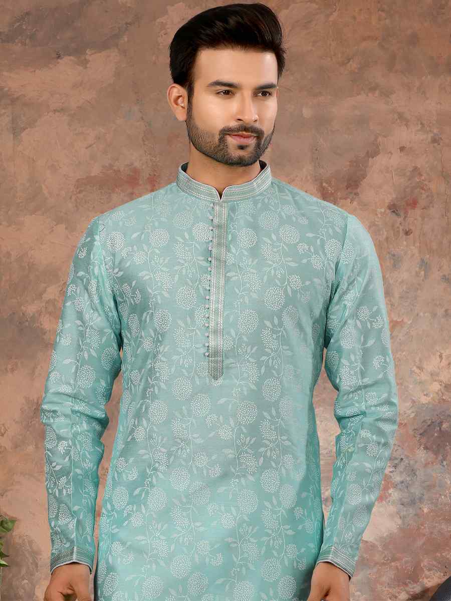Sky Blue Silk Woven Festival Party Kurta