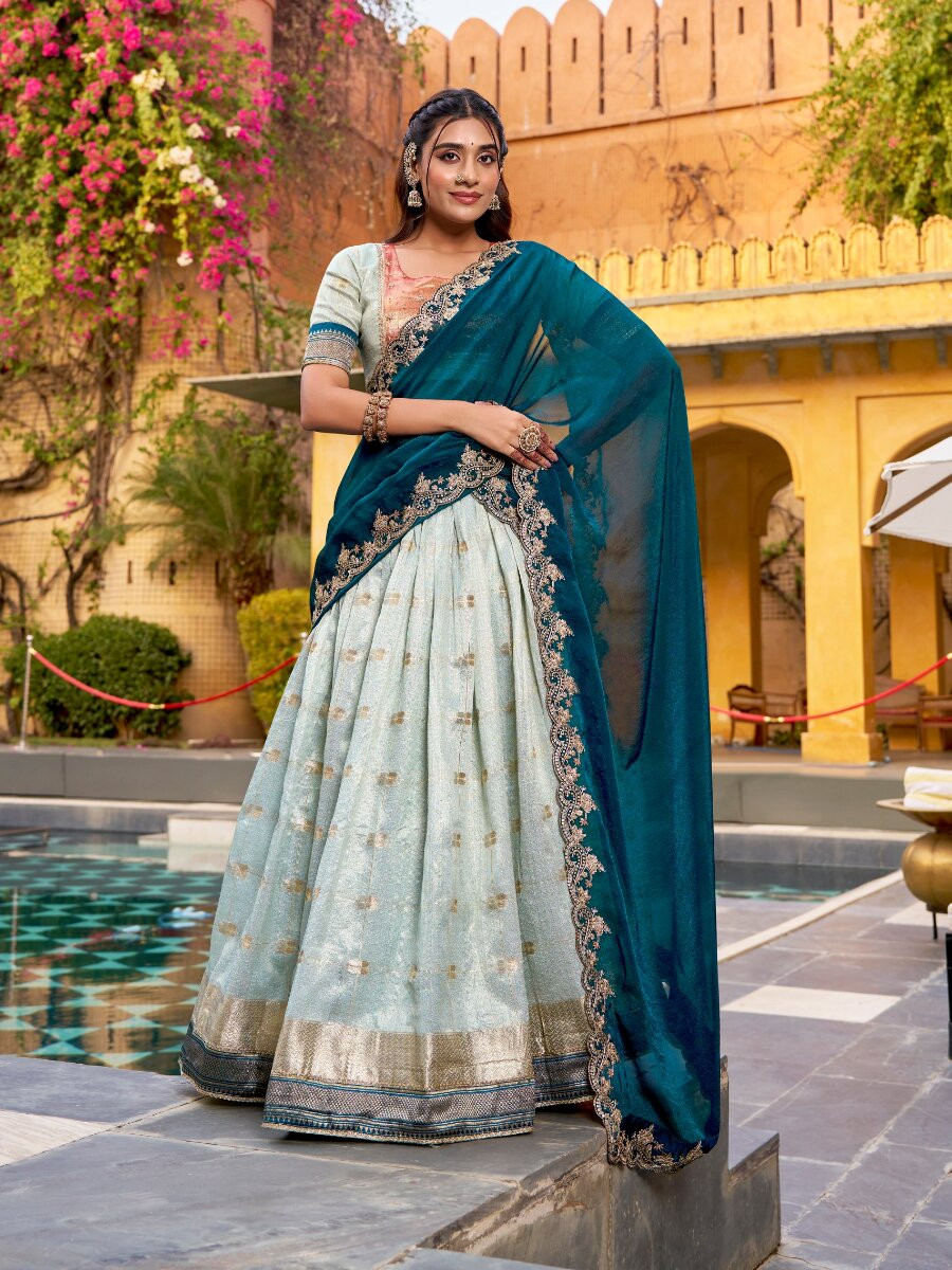 Sky Blue Slub Kota Silk Zari Weaving Work With Paithani Jacquard Border Wedding Reception Party Festival Heavy Border Lehenga Choli