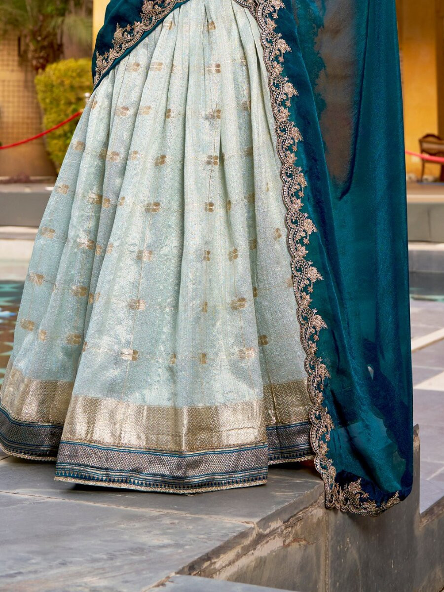 Sky Blue Slub Kota Silk Zari Weaving Work With Paithani Jacquard Border Wedding Reception Party Festival Heavy Border Lehenga Choli
