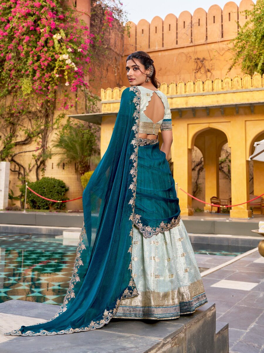 Sky Blue Slub Kota Silk Zari Weaving Work With Paithani Jacquard Border Wedding Reception Party Festival Heavy Border Lehenga Choli