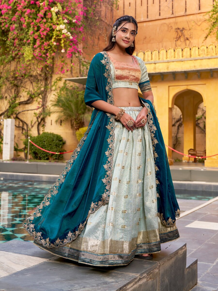 Sky Blue Slub Kota Silk Zari Weaving Work With Paithani Jacquard Border Wedding Reception Party Festival Heavy Border Lehenga Choli